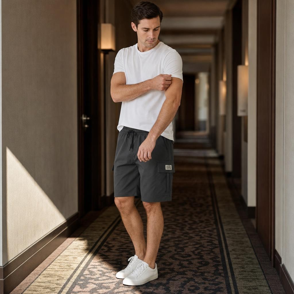 Men's Utility Cargo Shorts in Black, front view