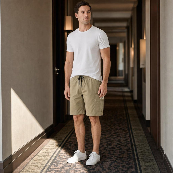 Men's Utility Cargo Shorts in Khaki, front view