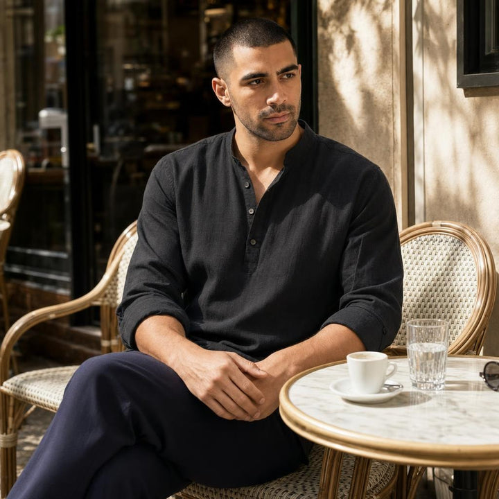 Men's Breathable Short Sleeve Button Up Shirt in Black, front view