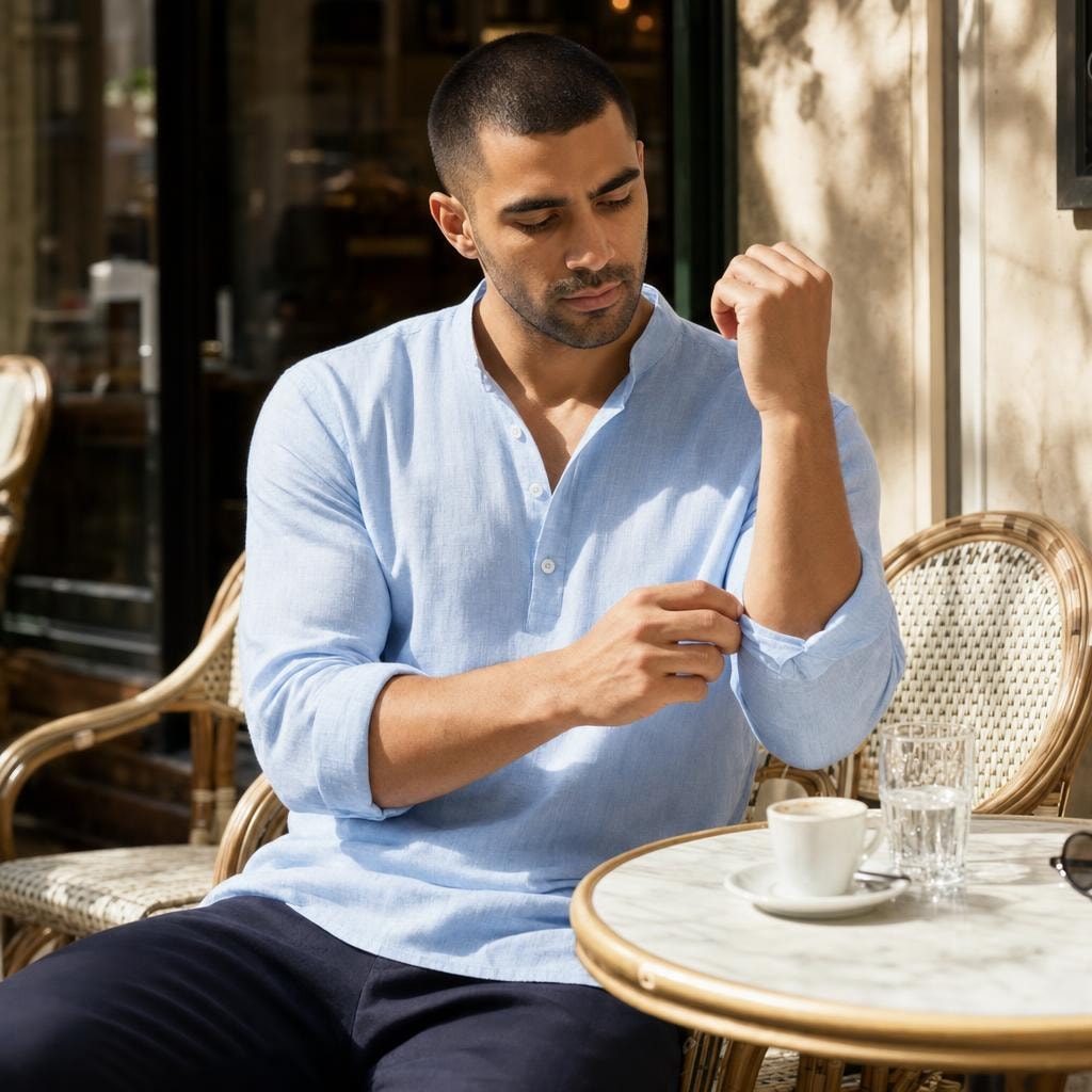 Men's Breathable Short Sleeve Button Up Shirt in Blue, front view