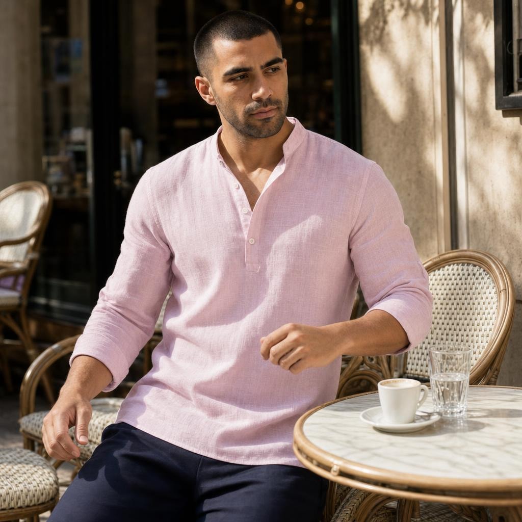 Men's Breathable Short Sleeve Button Up Shirt in Light Pink, front view