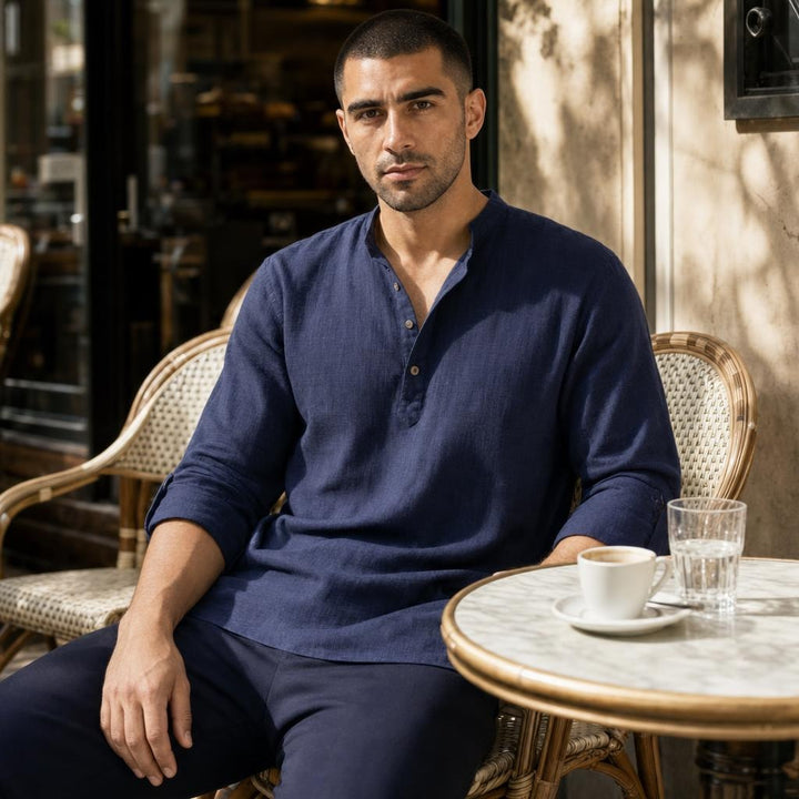 Men's Breathable Short Sleeve Button Up Shirt in Navy Blue, front view