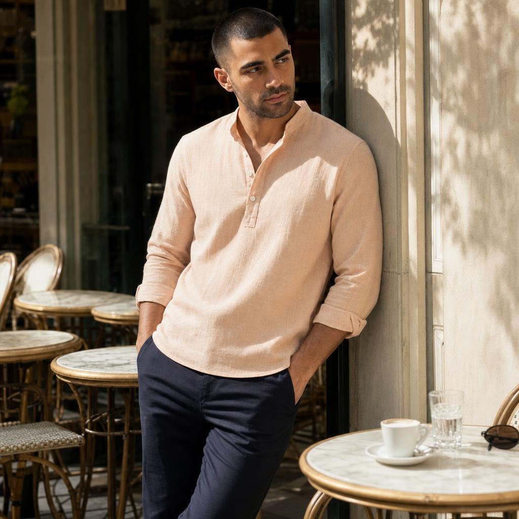 Men's Breathable Short Sleeve Button Up Shirt in Peach, front view