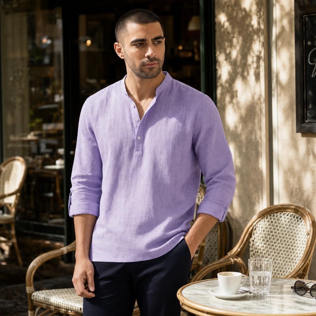Men's Breathable Short Sleeve Button Up Shirt in Purple, front view