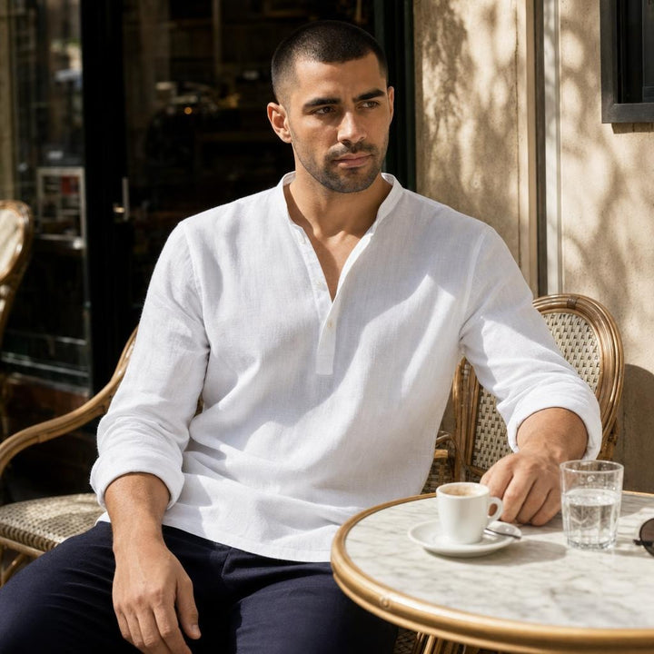 Men's Breathable Short Sleeve Button Up Shirt in White, front view